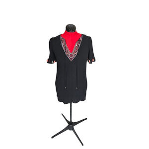 miami quarter sleeve embroidered tie front v neck top, size xs**